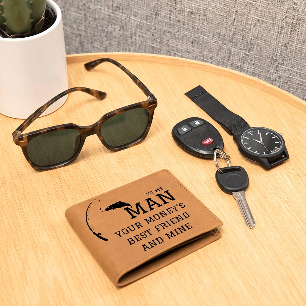 Mens Leather Wallet | Fisherman, Fishing Gift For Him, To My Man, Husband, Boyfriend, Anniversary, Birthday, Just Becasue