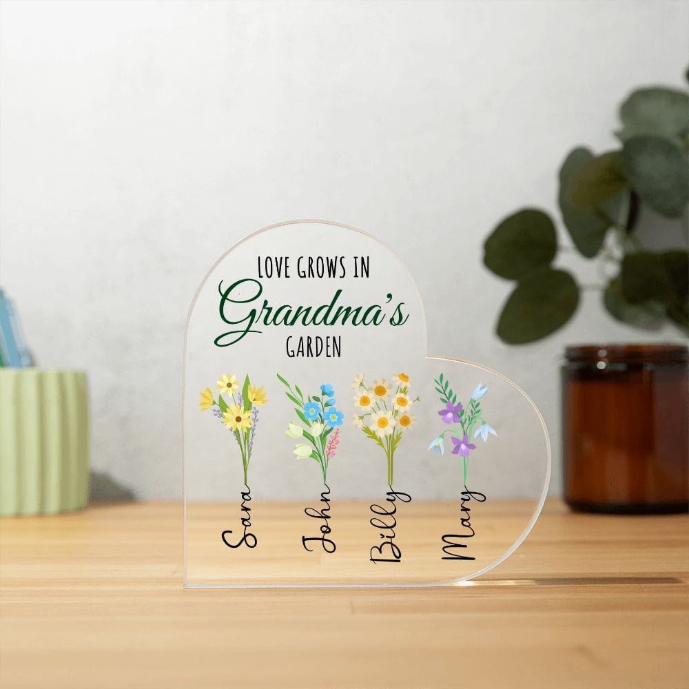 Grandma Gift | Grandmother Personalized Gift, Acrylic Heart With Grandkids, Family Tree,Mothers Day, Birthday, Grandparents day