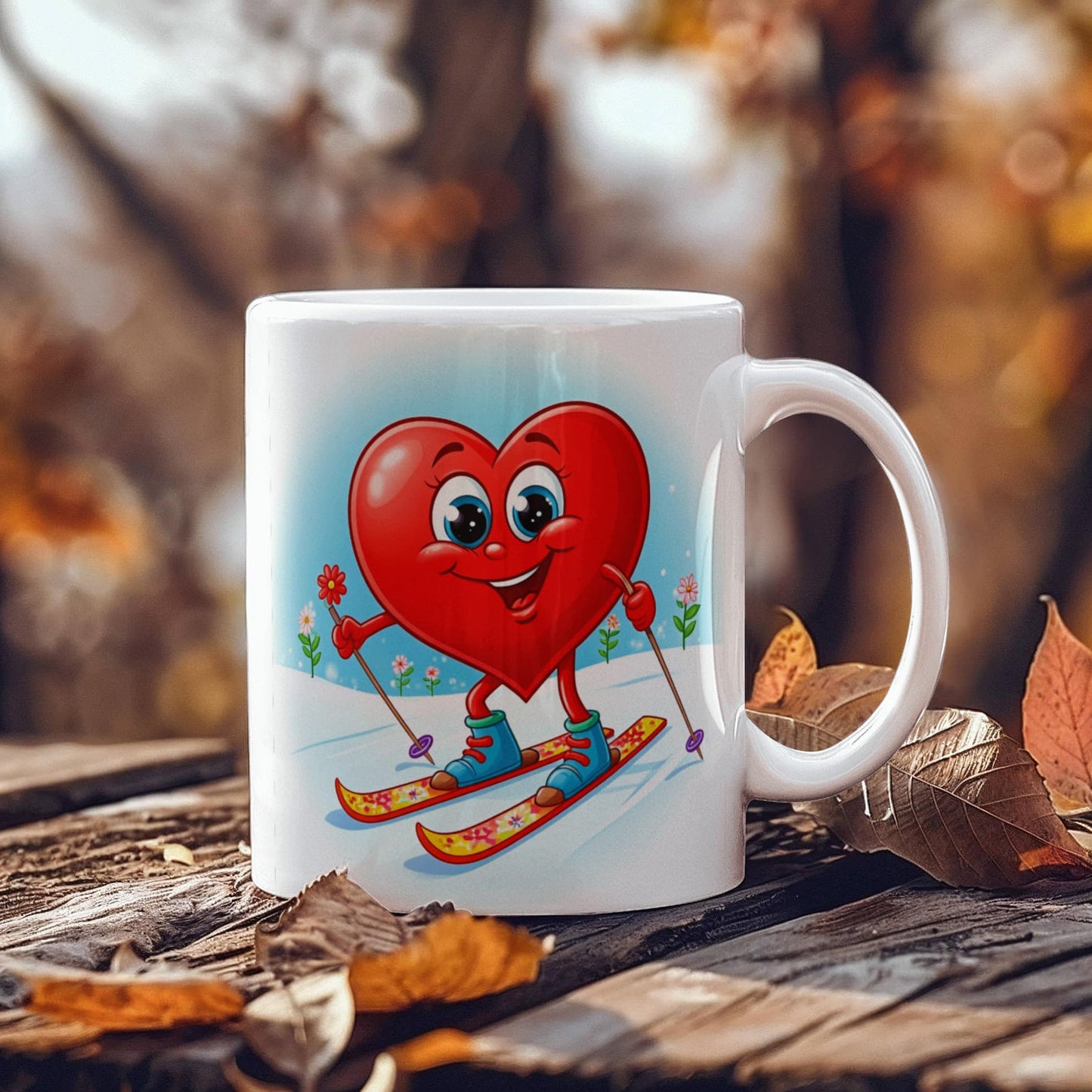 Skier Drink Mug - Be Mine heart skiing, coffee, tea, valentines gift