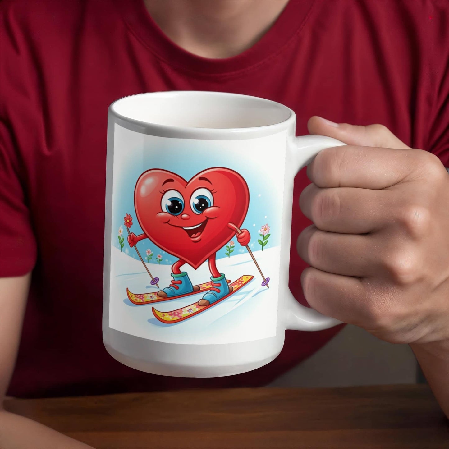 Skier Drink Mug - Be Mine heart skiing, coffee, tea, valentines gift