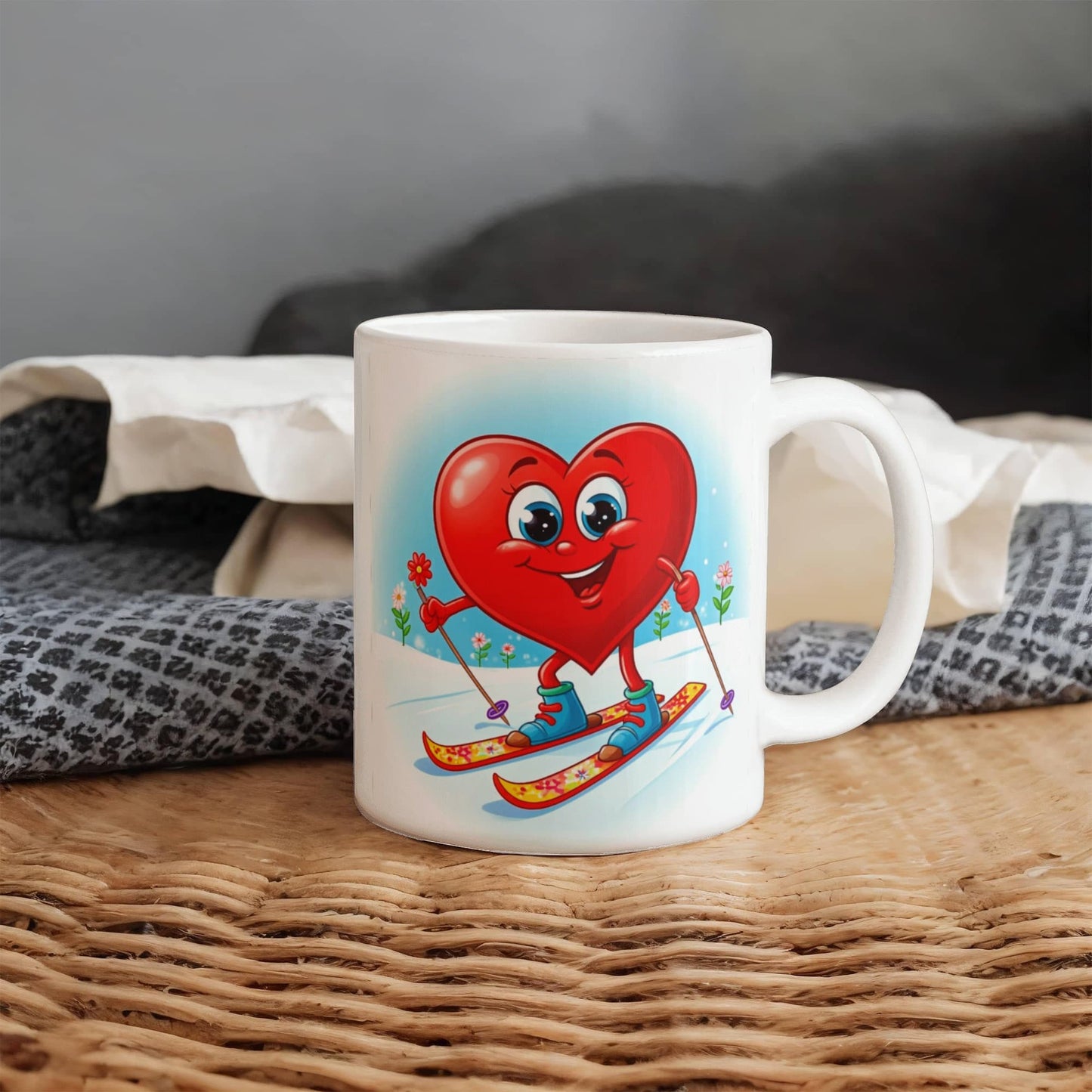 Skier Drink Mug - Be Mine heart skiing, coffee, tea, valentines gift