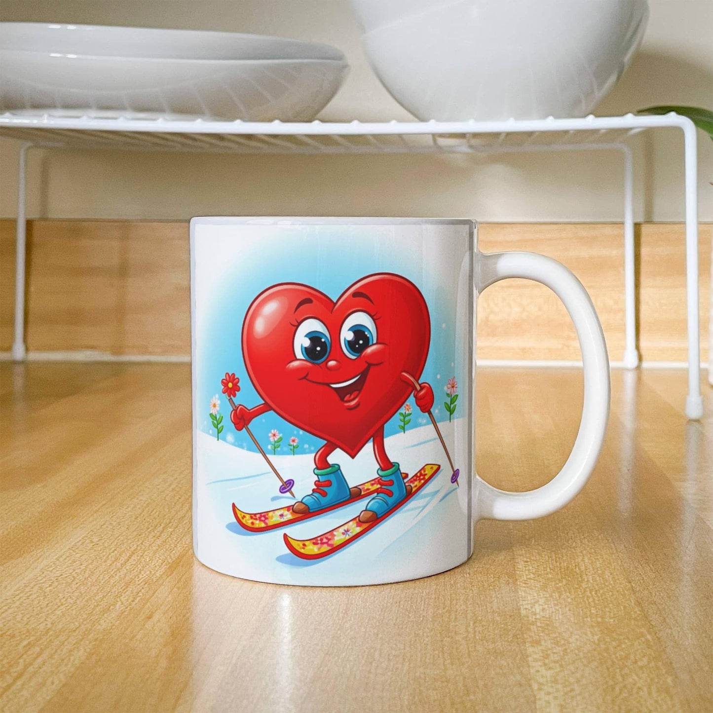 Skier Drink Mug - Be Mine heart skiing, coffee, tea, valentines gift