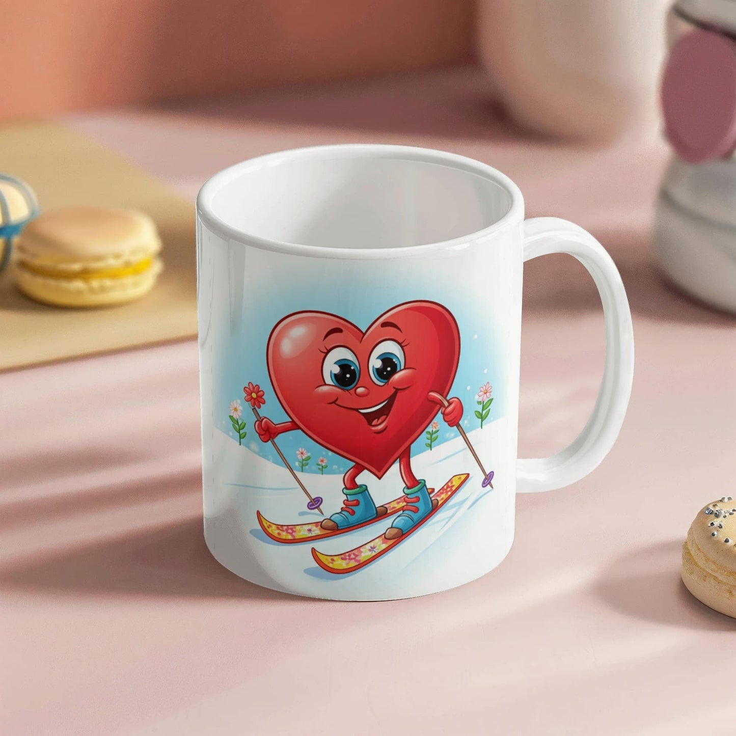 Skier Drink Mug - Be Mine heart skiing, coffee, tea, valentines gift