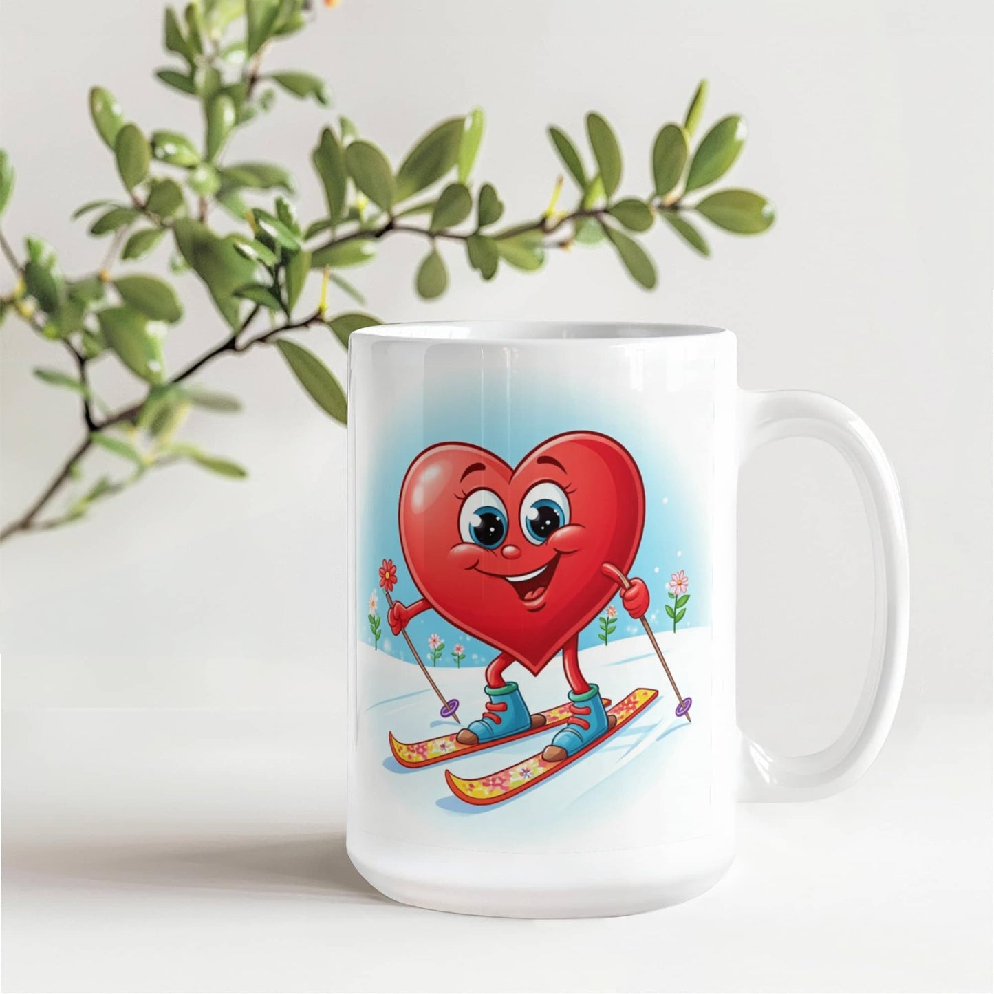 Skier Drink Mug - Be Mine heart skiing, coffee, tea, valentines gift