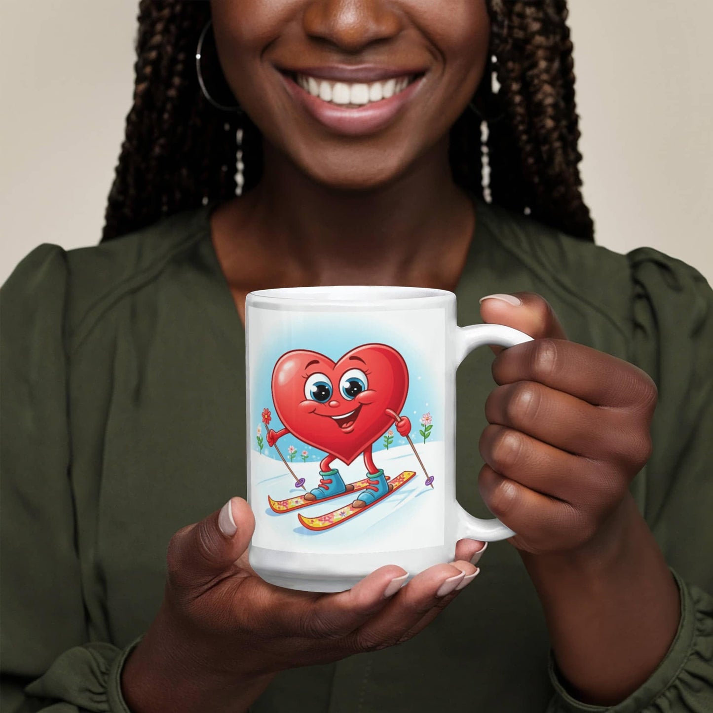 Skier Drink Mug - Be Mine heart skiing, coffee, tea, valentines gift