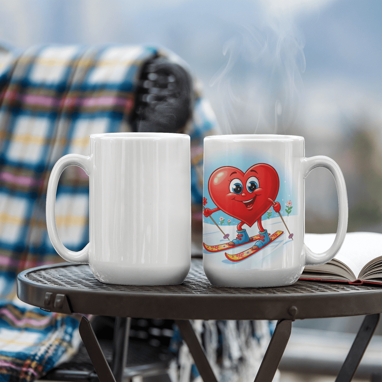 Skier Drink Mug - Be Mine heart skiing, coffee, tea, valentines gift